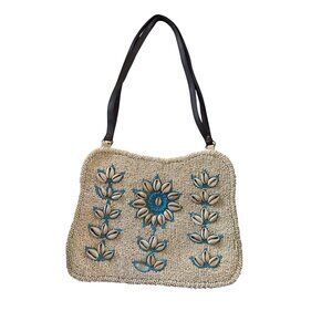 Coastal Bead Shell Purse Aqua Blue White Cotton Made In India